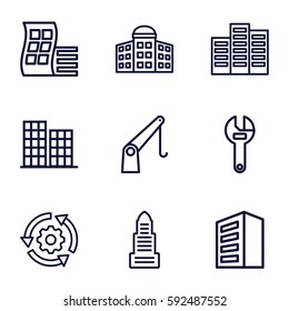 development icons set. Set of 9 development outline icons such as modern curved building, building, building   isolated  sign symbol, business center, wrench, cargo crane
