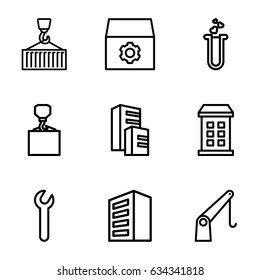 Development icons set. set of 9 development outline icons such as building, gear, hook with cargo, cargo on hook, cargo crane, heart test tube