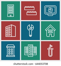 Development icons set. set of 9 development outline icons such as building, child building kit, wrench, heart test tube