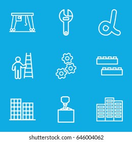 Development icons set. set of 9 development outline icons such as building, business center, child building kit, wrench, hook with cargo, cargo crane, gear, alpha