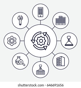 Development icons set. set of 9 development outline icons such as building, wrench, hook with cargo, cargo on hook, test tube search, gear rotate