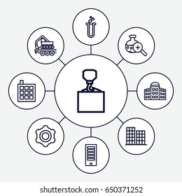 Development icons set. set of 9 development outline icons such as building   isolated  sign symbol, building, business center, hook with cargo, cargo crane, heart test tube