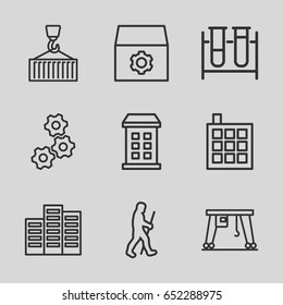 Development icons set. set of 9 development outline icons such as building, gear, test tube, cargo on hook, cargo crane