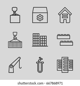 Development icons set. set of 9 development outline icons such as building, business center, child building kit, gear, hook with cargo, cargo on hook, cargo crane