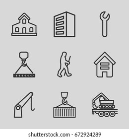 Development icons set. set of 9 development outline icons such as building, hook with cargo crane, cargo on hook, wrench