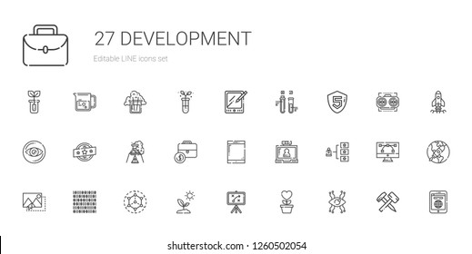 development icons set. Collection of development with vision, growth, strategy, sprout, modeling, binary code, image, skills, video call. Editable and scalable development icons.