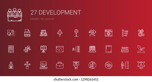 development icons set. Collection of development with vision, startup, vector, portfolio, html, growth, tablet, test tubes, skills, coding. Editable and scalable development icons.