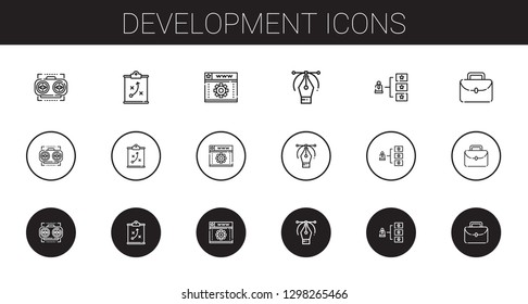 development icons set. Collection of development with vision, strategy, web development, vector, skills, portfolio. Editable and scalable icons.