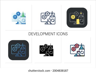 Conjunto de iconos de desarrollo. Desarrollo de plataformas cruzadas para diferentes dispositivos. Sistema operativo. Código de programación de sitios web.Colección de iconos en estilos de color lineales, rellenos.Iconos vectoriales aislados