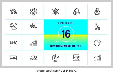 Development icons. Set of line icons. Growth chart, seo optimization, global business. Marketing concept. Vector illustration can be used for topics like business, management, planning