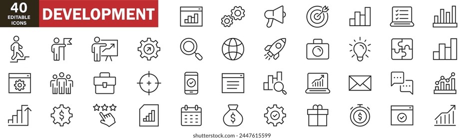 Development icons set, teamwork icons set, startup, business and team business, data analytics, communication, target audience, project management icons on white background 