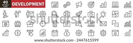 Development icons set, teamwork icons set, startup, business and team business, data analytics, communication, target audience, project management icons on white background 