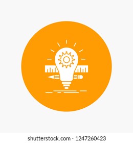 Development, idea, bulb, pencil, scale White Glyph Icon in Circle. Vector Button illustration