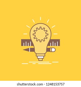 Development, idea, bulb, pencil, scale Flat Line Filled Icon. Beautiful Logo button over yellow background for UI and UX, website or mobile application