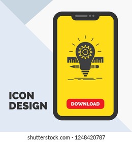 Development, idea, bulb, pencil, scale Glyph Icon in Mobile for Download Page. Yellow Background