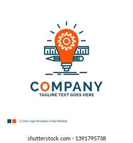 Development, idea, bulb, pencil, scale Logo Design. Blue and Orange Brand Name Design. Place for Tagline. Business Logo template.