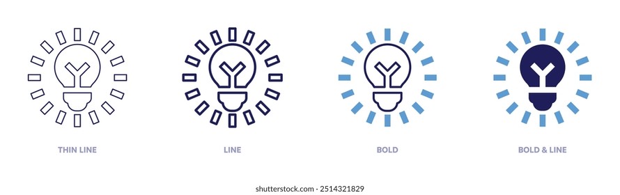 Ícone de ideia de desenvolvimento em 4 estilos diferentes. Linha fina, Linha, Negrito e Linha Negrito. Estilo duotônico. Traçado editável.