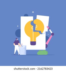 development of ideas and solutions, brainstorming, problem solving. a businessman or worker trying to build and solve a puzzle of lights. creative and innovative. flat cartoon illustration. concept