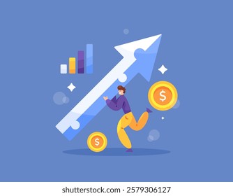 development and improvement concept. increase business, profit and income. illustration of a businessman holding an arrow up. profit, economy and finance. flat style design. elements