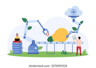 Development and improvement of digital project, smart innovation. Tiny people and robotic arms with gears assemble bright light bulb with circuit inside on conveyor belt cartoon vector illustration
