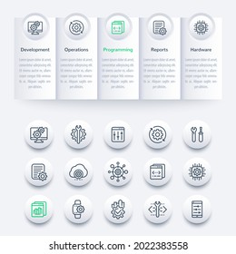 development infographics, banner design and line icons set
