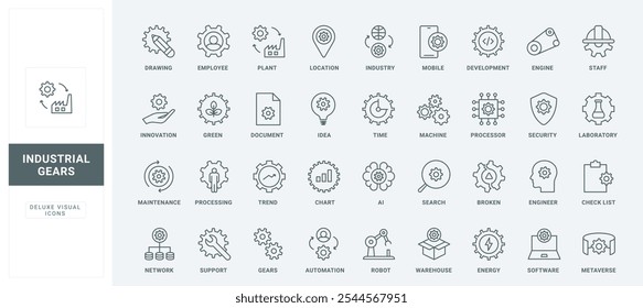 Development of innovation ideas and AI, automation of factory processes, support for green energy thin black outline symbols vector illustration. Gears and tools in industry line icons set.