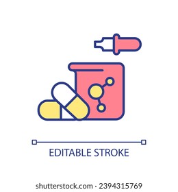 Development of innovative medications RGB color icon. Medical drugs production. Pharmaceutical research in laboratory. Isolated vector illustration. Simple filled line drawing. Editable stroke