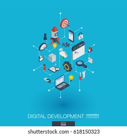 Development integrated 3d web icons. Digital network isometric interact concept. Connected graphic design dot and line system. Abstract background for programming, coding, app design. Vector Infograph