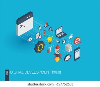 Development integrated 3d web icons. Digital network isometric progress concept. Connected graphic design line growth system. Abstract background for programming, coding, app design. Vector Infograph