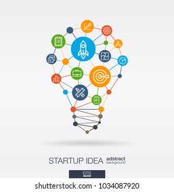 Development integrated thin line web icons. Idea, solution in light bulb shape. Digital network concept. Connected polygons, circles system. Rocket launch, business startup, programm app code. Vector