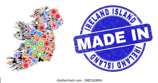 Development Ireland Island map mosaic and MADE IN scratched rubber stamp. Ireland Island map composition created with spanners,wheels, tools,items,transports,power bolts,details.