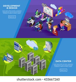 Development isometric horizontal banners with structure of data collection and creative command of developers and programmers flat vector illustration    