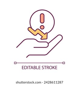 Problema de desarrollo Icono de color RGB. Crisis financiera. Desafío de la empresa. Caída del mercado de valores. Recesión empresarial. Ilustración aislada del vector. Dibujo de líneas rellenas simples. Trazo editable. Fuente Arial utilizada