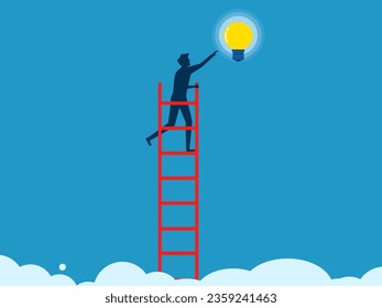 Development of knowledge and abilities. Businessman climbs a ladder to grab a light bulb 