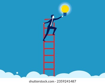 Development of knowledge and abilities. Businessman climbs a ladder to grab a light bulb 