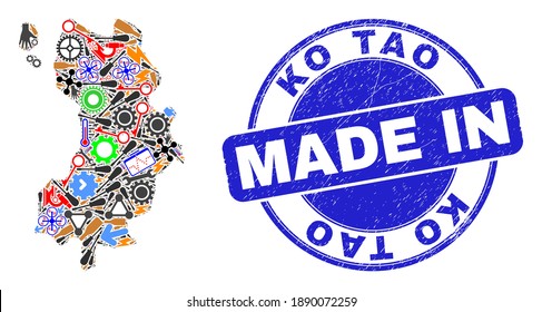 Development Ko Tao map mosaic and MADE IN scratched rubber stamp. Ko Tao map mosaic designed with spanners,wheels,screwdrivers,,keys,transports,electricity strikes,bugs.