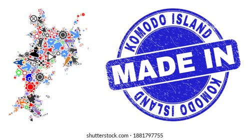 Development Komodo Island map mosaic and MADE IN scratched rubber stamp. Komodo Island map mosaic created with wrenches,wheel,instruments,elements,transports, electric strikes,rockets.