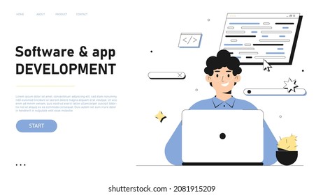 Development landing page website. Man developer working on computer. Trendy outline character design. Development work concept. Vector illustration 