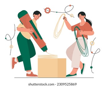 Development of layout. Man and woman designing graphic elements for website. UI and UX design for webpage. Freelance and graphic design creative team. Cartoon flat vector illustration