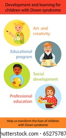 Development and learning for children with Down syndrome, Cartoon vector vertical banner, Ability, treatment and charity