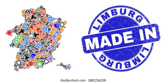 Development Limburg Province map mosaic and MADE IN distress rubber stamp. Limburg Province map collage created with wrenches,wheel,screwdrivers,,keys,transports,electricity strikes,details.
