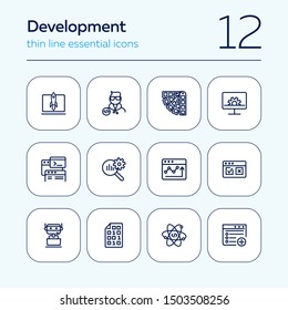 Development line icon set. Adding new file, atom, binary code. Information technology concept. Can be used for topics like machine learning, business SEO, startup, programming