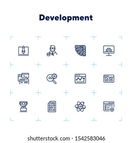Development line icon set. Adding new file, atom, binary code. Information technology concept. Can be used for topics like machine learning, business SEO, startup, programming