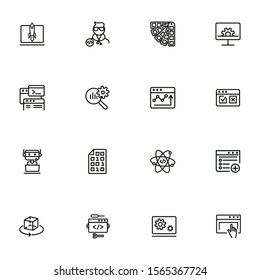Development line icon set. Adding new file, atom, binary code. Information technology concept. Can be used for topics like machine learning, business SEO, startup, programming