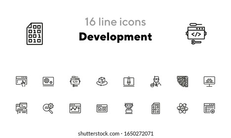 Development line icon set. Adding new file, atom, binary code. Information technology concept. Can be used for topics like machine learning, business SEO, startup, programming
