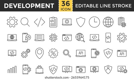 conjunto de ícones da linha de desenvolvimento. Ícones de governança social. Código, api, programador, desenvolvedor, tecnologia da informação, codificador Sinal de tecnologia da informação. Sinal de engenharia e maquinário
