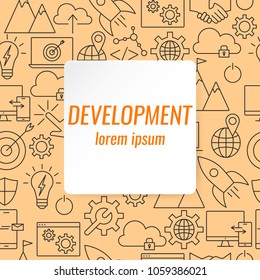 Development line outline icons set. Poster of web icons for SEO website banners apps development. Seamless pattern isolated on colorful background and place for text. Flat style vector illustration