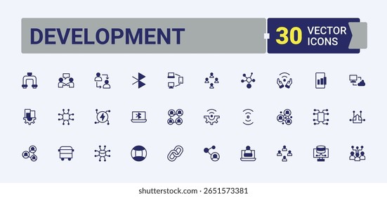 Coleção de ícones linear de desenvolvimento. Relacionado a connect, net, tecnologia e muito mais. Conjunto de ícones modernos de conexão. Coleção de ícones minimalistas. Vetor editável. Pixel perfeito.