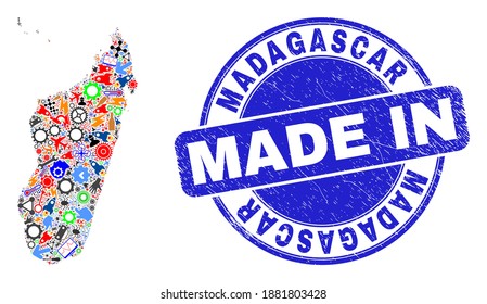 Development Madagascar Island map mosaic and MADE IN scratched rubber stamp. Madagascar Island map composition formed from spanners, gearwheels,screwdrivers,components,cars, electric sparks,rockets.