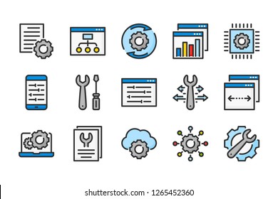 Development and Maintenance related color line icons. Configuration and web service vector linear colorful icon set. Isolated icon collection on white background.